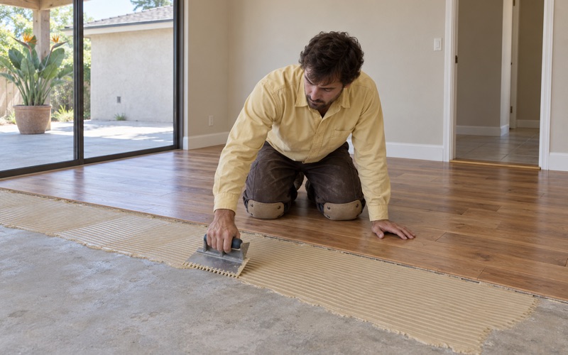 Worker spreading flooring adhesive with a notched trowel over concrete ahead of engineered hardwood planks.