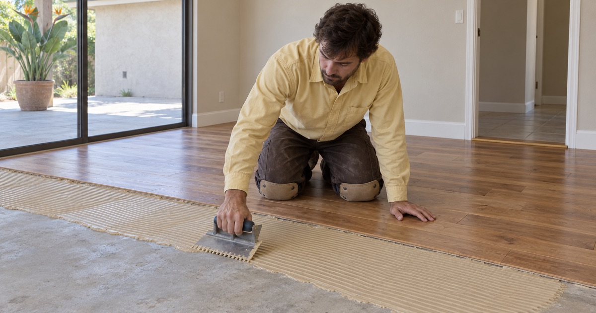 Worker spreading flooring adhesive with a notched trowel over concrete ahead of engineered hardwood planks.