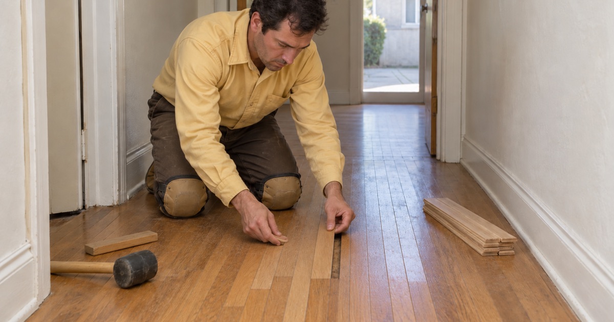 Worker angling a replacement strip into a staggered repair in the hardwood floor of a Hawthorne hallway.