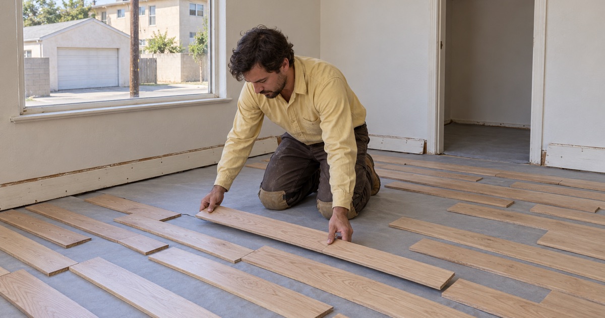 Worker laying out loose white oak boards across a Hawthorne bedroom to mix lengths before installation.