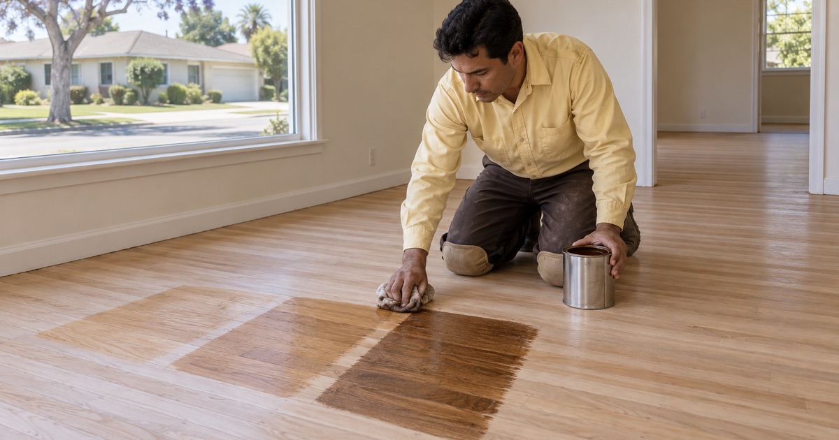 Worker wiping a stain sample onto sanded hardwood strips beside two other samples in a Hawthorne living room.