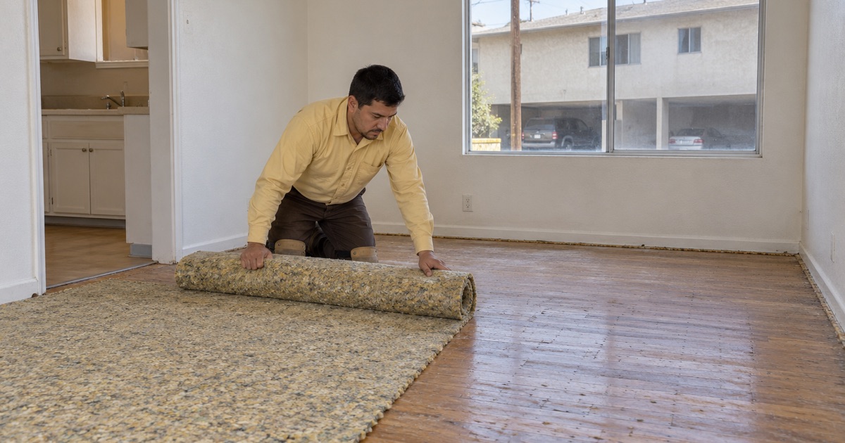 Worker rolling up old carpet pad to uncover hardwood strip flooring in an empty Hawthorne rental unit.