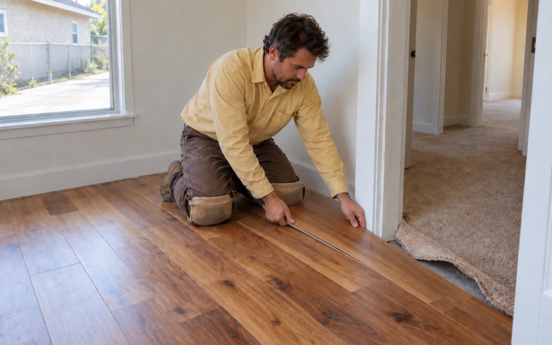 Worker tapping a new hickory plank into place where old carpet meets new hardwood at a Hawthorne bedroom doorway.