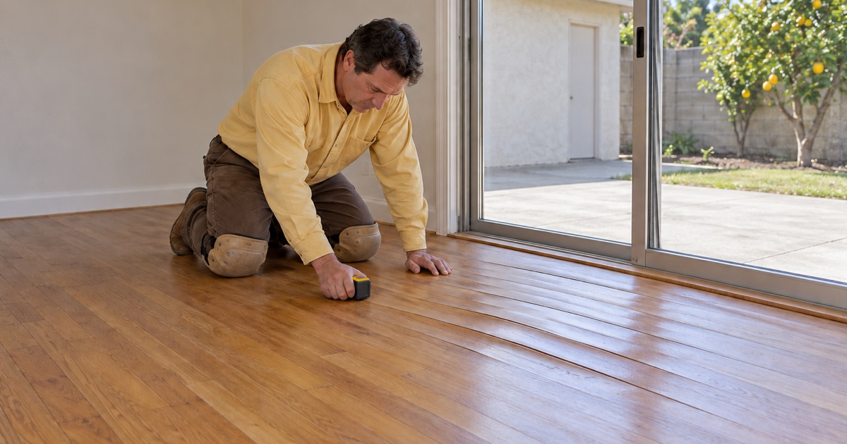 Worker pressing a moisture meter to crowned hardwood strips near a patio slider in a Hawthorne house.