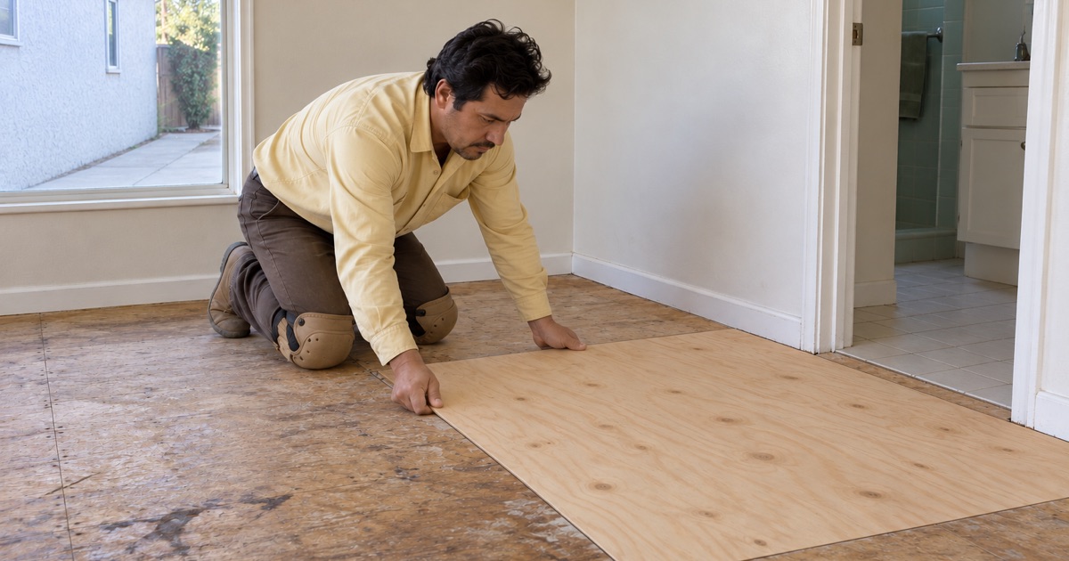 Worker sliding a new plywood subfloor sheet into place in the bathroom doorway area of a Hawthorne house.