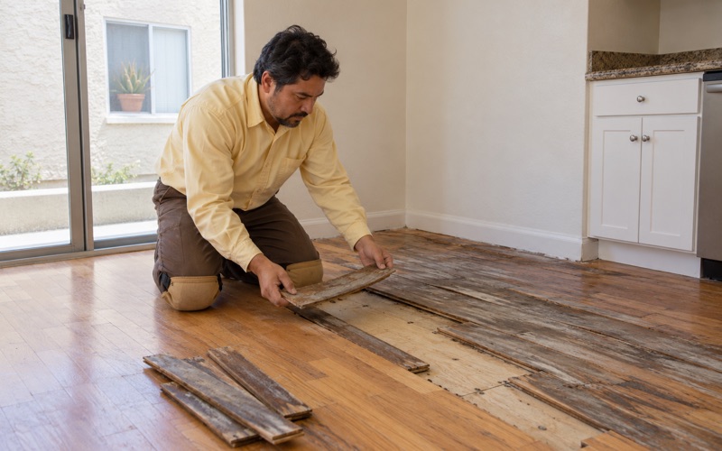 Worker lifting a cupped, water-darkened hardwood strip from the floor of a lower apartment unit in Hawthorne.