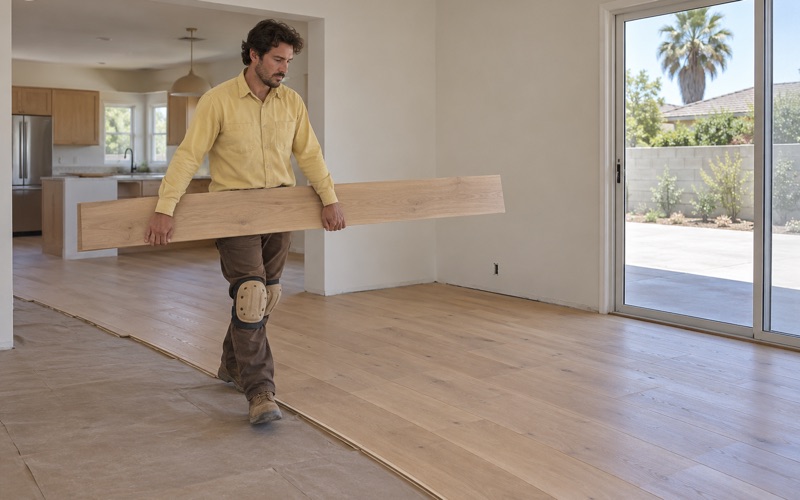 Worker carrying a long wide white oak plank to the next row of a wide plank floor in a Hawthorne living room.
