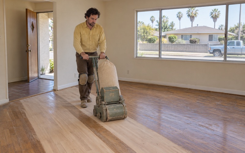 Worker steering a drum sander down the hardwood strip floor of a Hawthorne front room.