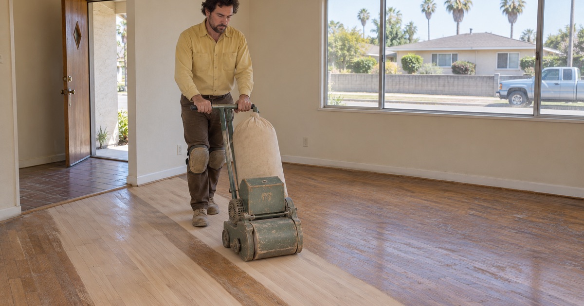 Worker steering a drum sander down the hardwood strip floor of a Hawthorne front room.