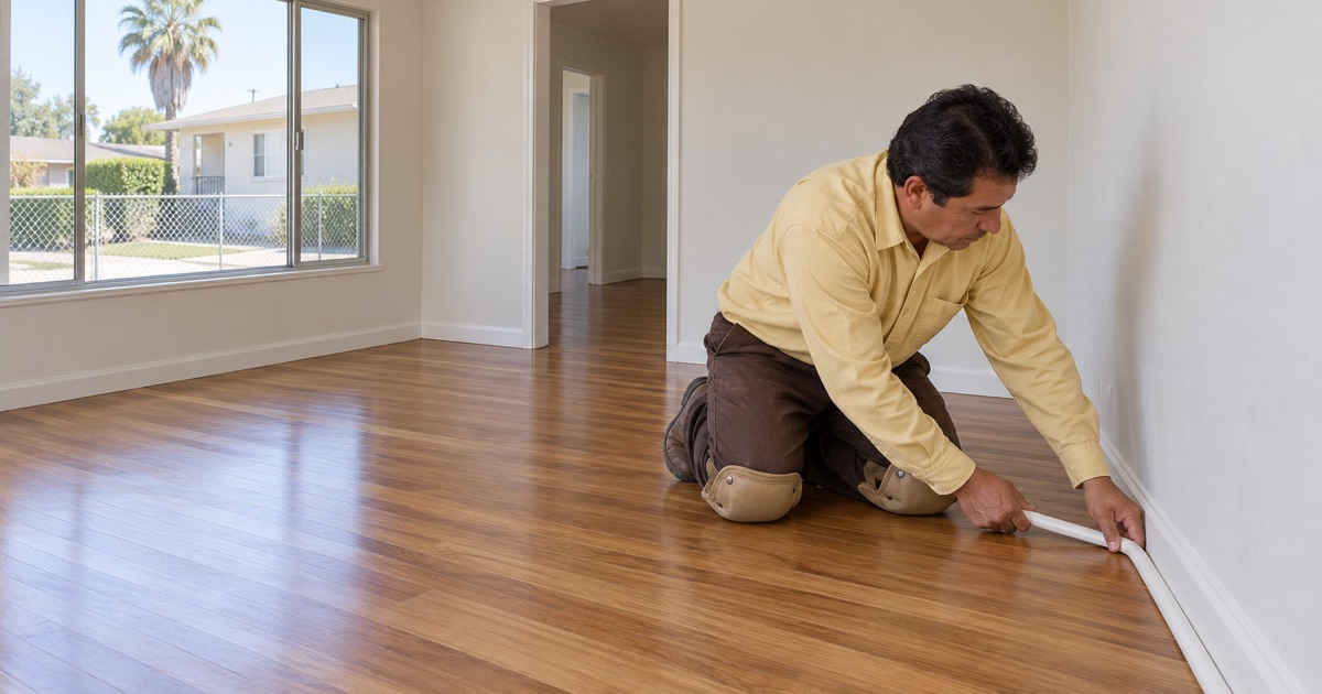 Worker pressing new shoe molding along the baseboard over a freshly refinished hardwood floor in a Hawthorne duplex.